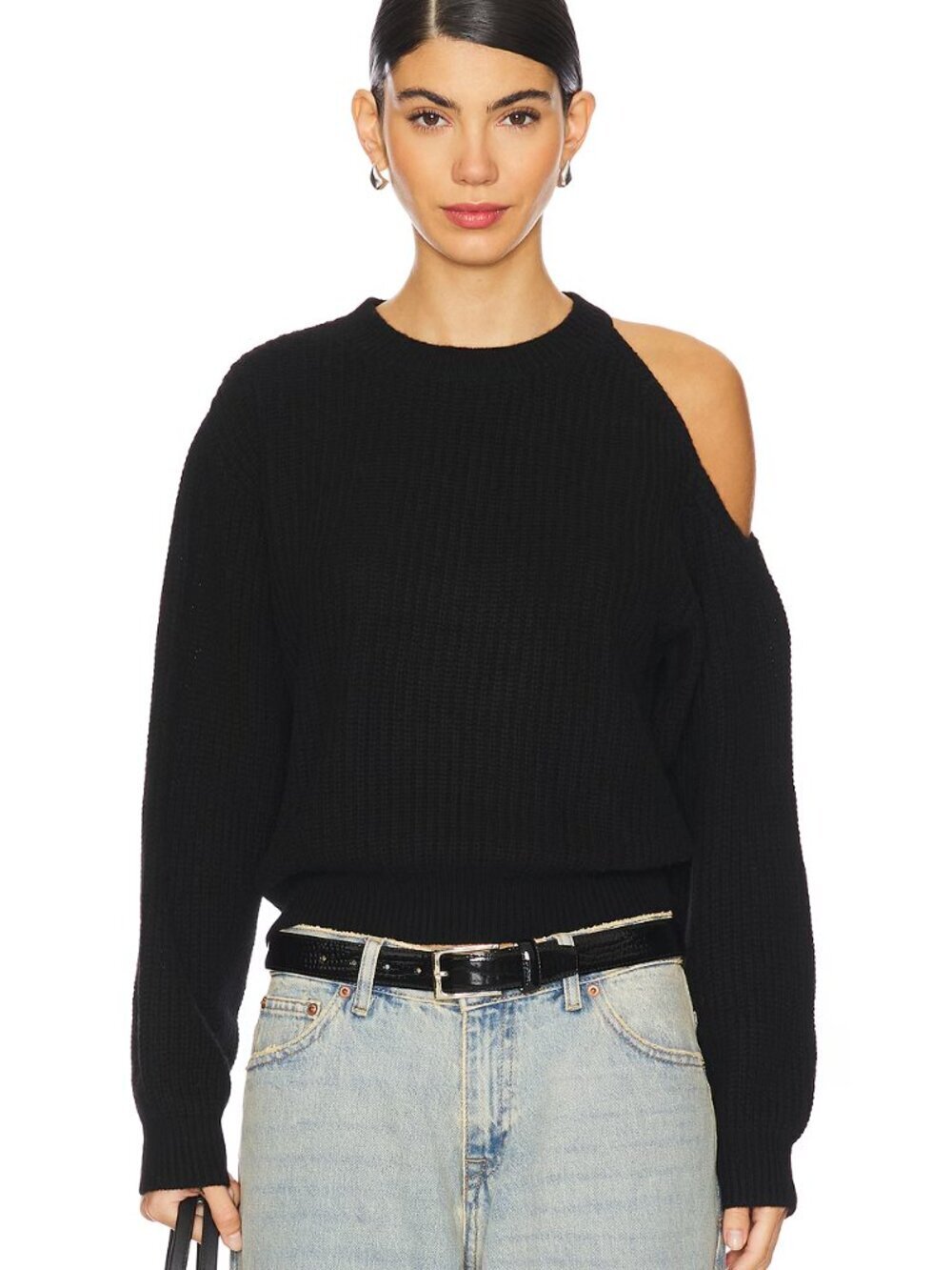 ASTR the Label Millicent sweater black wool ribbed boxy exposed shoulder new L
